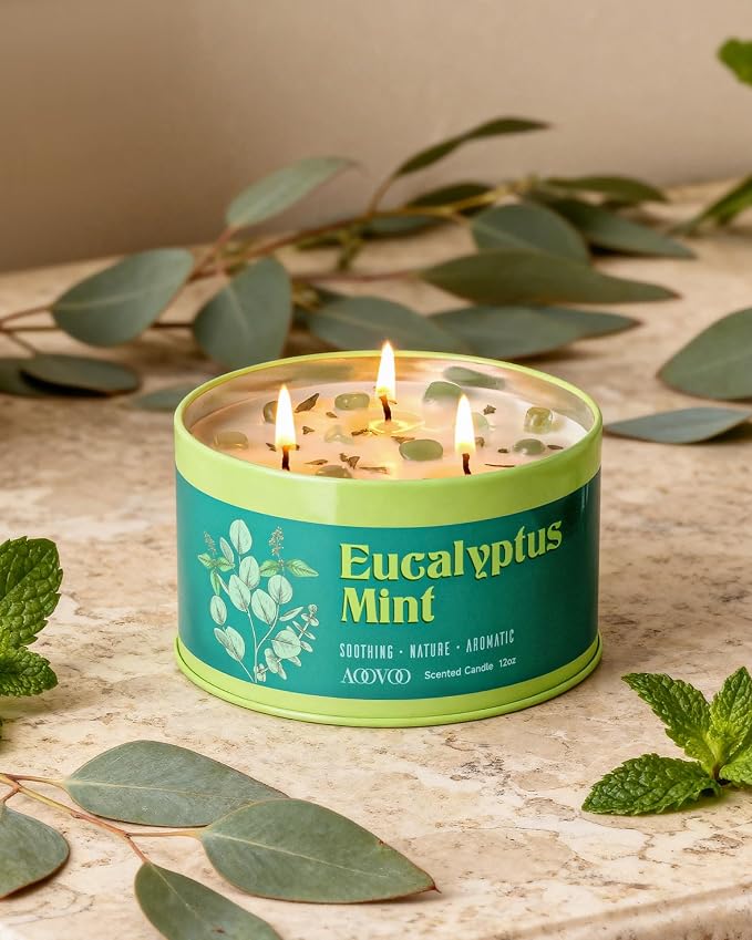 AOOVOO Eucalyptus Mint Candle for Relaxation - 3 Wick 12oz Large Scented Candle with Green Aventurine & Eucalyptus Leaves Inside, Soy Candles Non Toxic for Meditation, Stress Relief, Energy Cleansing