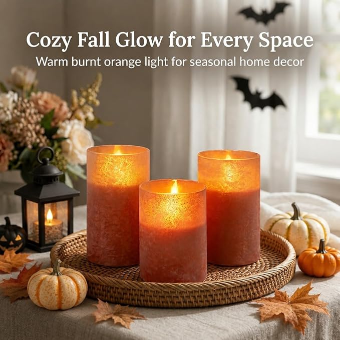 ANGELLOONG Orange Flameless Candles with Remote for Fall Decor, Burnt Orange Real Wax LED Pillar Lights, Flickering Battery Operated Fake Candles for Halloween Christmas Decor