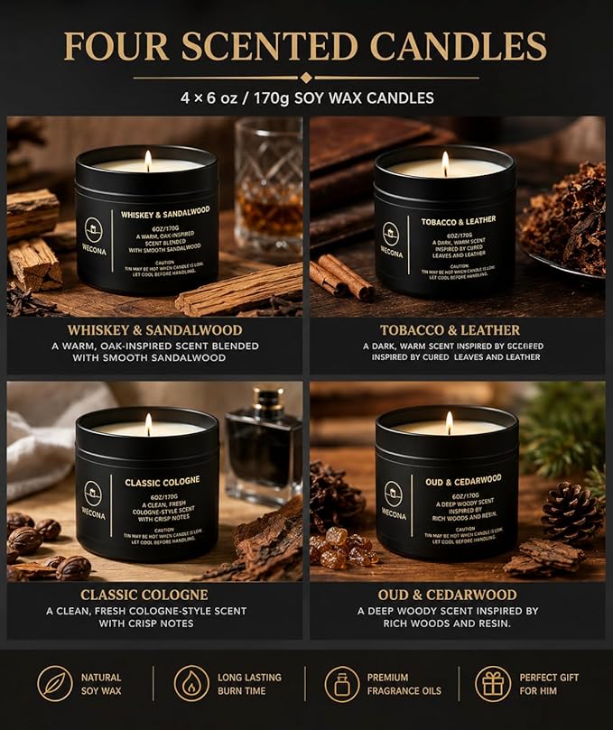 Men’s Scented Candles Set – Candle Set for Gift, Sandalwood, Mens Women Candles Gift Set, Scented Candles for Men Women, Candles for Home Scented, Luxury Candle Pack Gifts for Men Women