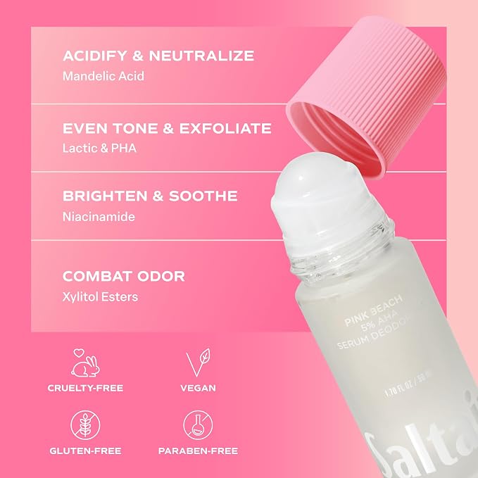 Saltair Serum Deodorant 2 Pack – 5% AHA – Aluminum-Free Odor Control for Women & Men – Mandelic Acid Deodorant with Lactic Acid – Pink Beach Scent – 2x 1.7oz Travel Roll On