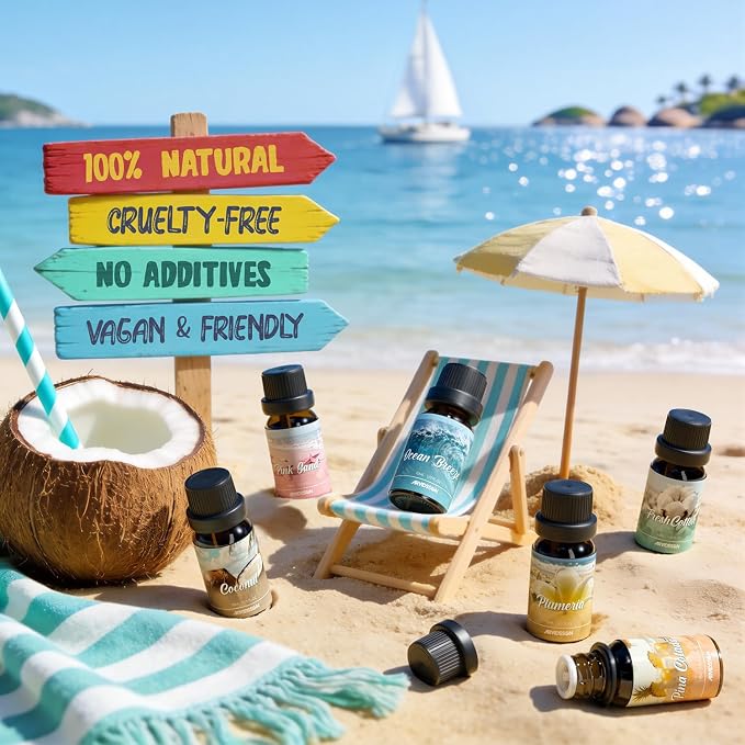 ARVIDSSON Summer Essential Oils Set, Tropical Fragrance Oil for Diffuser, Soap and Candle Making - Ocean Breeze, Pina Colada, Fresh Cotton, Pink Sand, Plumeria, Coconut, Scented Oil for Home
