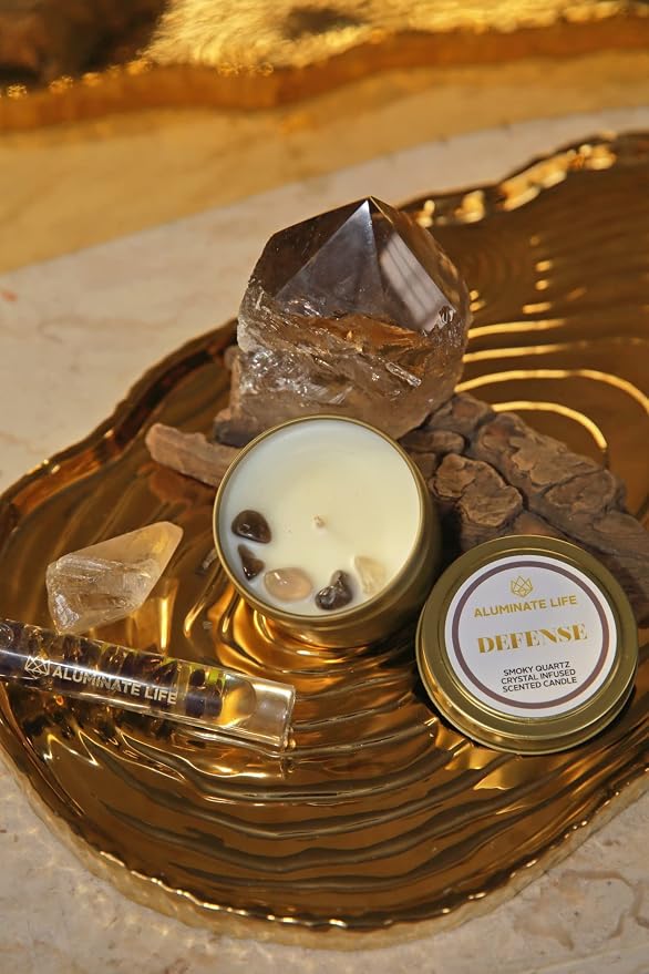 Luxury Candle Tin, 4 OZ, Defense - Smoky Quartz Crystal Infused - Scents of Frankincense, Neroli, & Sage - Detoxify, Ground, & Fortify - Coconut Wax Blend, Essential Oils, Dr. Developed