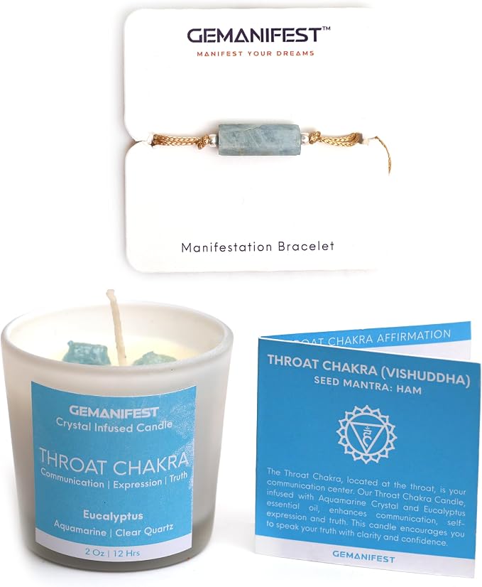 Throat Chakra Candle with Healing Crystals and Aquamarine Bracelet Eucalyptus Candle Spiritual Candles for Positive Energy Meditation Communication Clarity