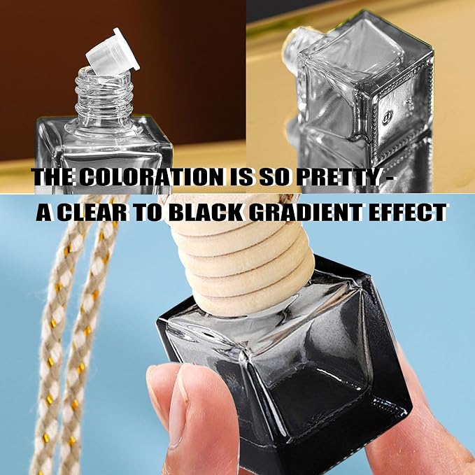 7 Pcs 8ml Hanging Car Air Freshener Diffuser,Empty Black Gradient Glass Essential Diffuser Oil Aromatherapy Fragrance Perfume Pendant Glass Vials with Wooden Caps (Square, 8ml)