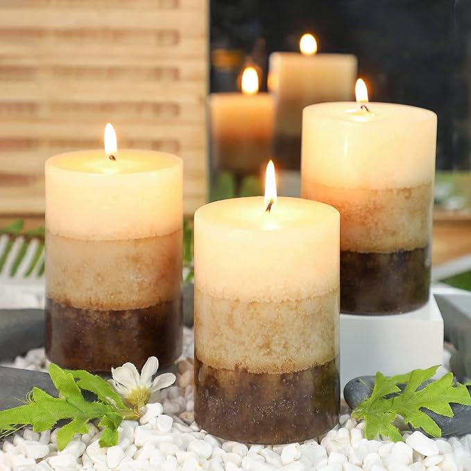 Pillar Candles Vanilla Cupcake Scented Immeiscent Aromatherapy Candle 50+ Hours Clean Burning Long Lasting Mottled Layered Candles for Home Scented SPA Restaurant Set of 3