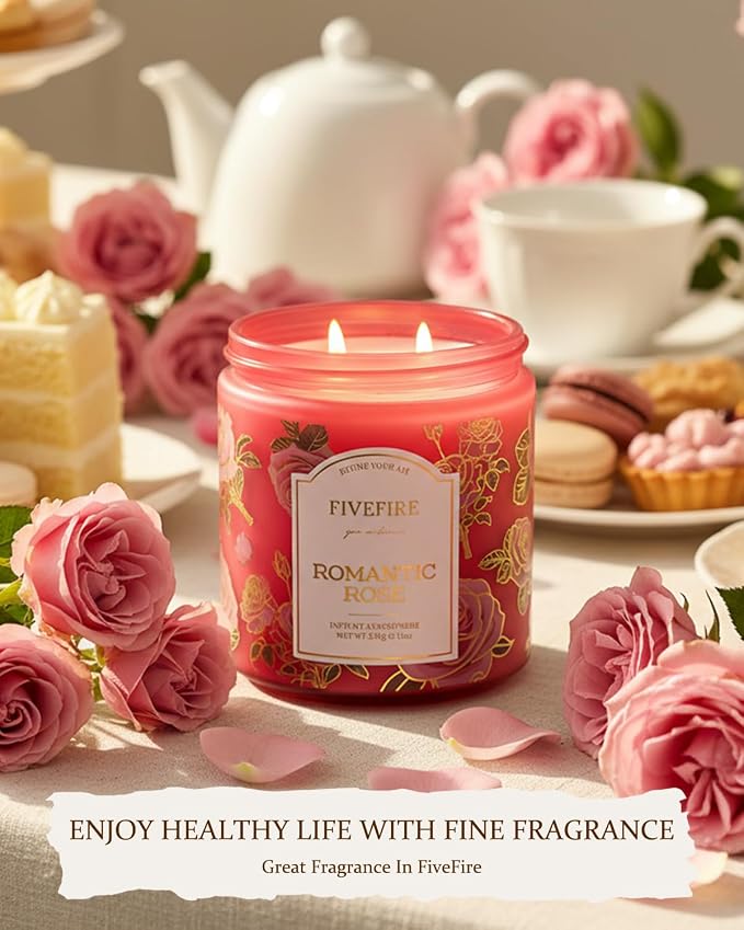 Rose Scented Candles for Home, 13oz Natural Soy Wax 2-Wick Candle, Up to 76-Hour Clean Burn, Fresh Rose Floral Home Fragrance, Romantic Botanical Jar Gift for Women, Mom, Wife