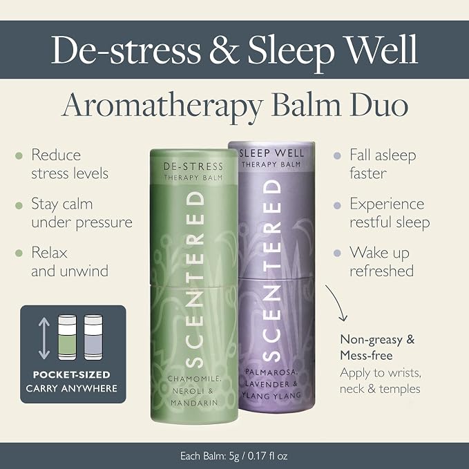 Scentered Aromatherapy Balm Sticks for Sleep & Stress-Relief - Roll On Essential Oil Blends of Lavender & Chamomile - Aromatherapy Gifts for Women - Sleep Well & De-Stress