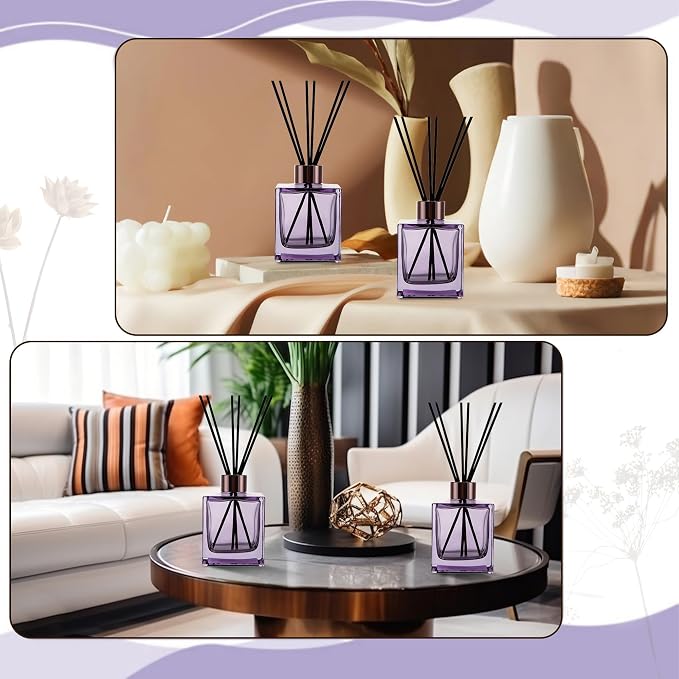 6 Pack Perfume Reed Diffuser Bottle,Empty Square Essential Oil Bottles Glass Jar with Black Sticks for DIY Fragrance Replacement Diffuser Sets (200ml/6.8 oz, Purple Color)