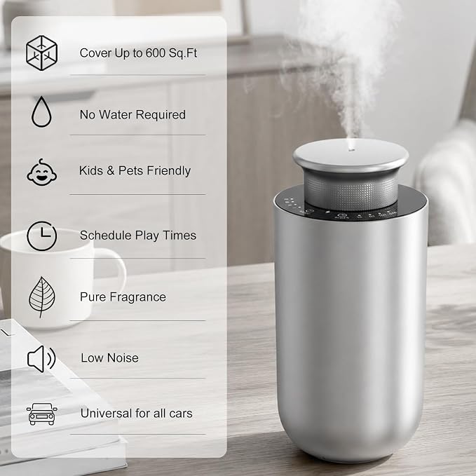 Waterless Essential Oil Diffuser for Car & Home,Rechargeable Hotel Scent Diffusers with 4 Mist Levels & Timers,Car Diffuser,Portable Aromatherapy Diffuser for Home Room Studio Office,Silver Metallic