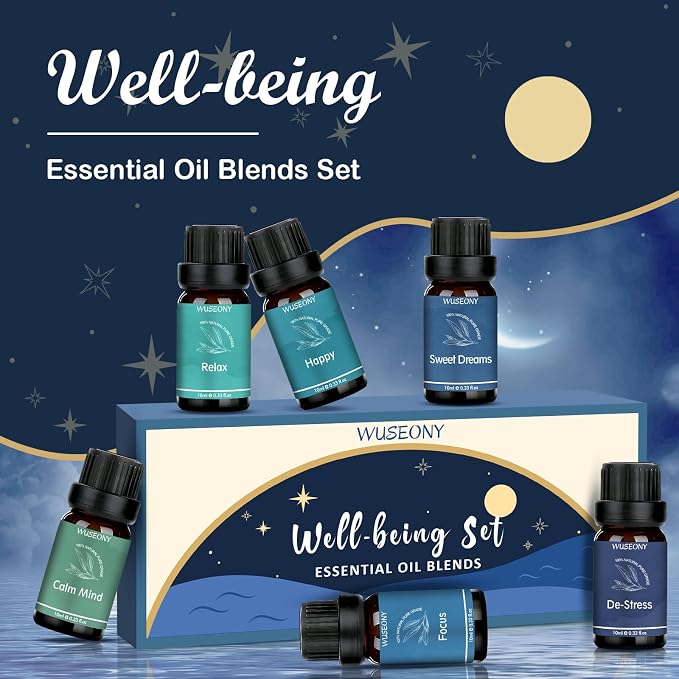 WUSEONY Well-Being Essential Blends Oils Set, Aromatherapy Oils Gift Set for Diffusers Home, Fragrance Oil Scent for Candle Soap Making - Happy, Calm Mind, De-Stress, Relax, Focus, Sweet Dreams