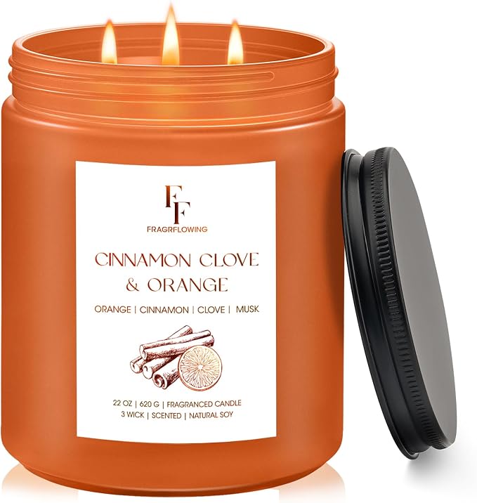 Large Christmas Spices Candle Cinnamon Clove Scented, 3-Wick 22oz Long Lasting Scented Candle, Natural Soy Wax Aromatherapy Candle for Home, Holiday Candle Gifts for Women Men