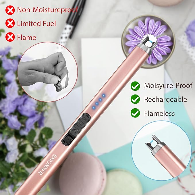 RAYONNER Rechargeable Electric Candle Lighter Windproof Plasma Arc Lighter for Deep Jars BBQ Camping Flameless Fire Starter Christmas Stocking Stuffers Gift (2 Pack - Rosegold)