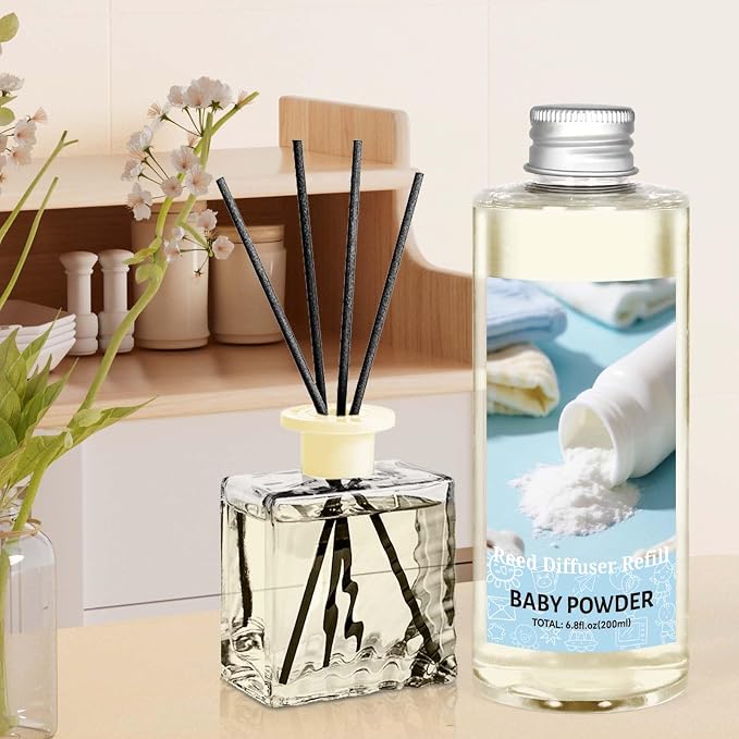 STRN Reed Diffuser Refill, Baby Powder Scented Reed Diffuser Set, 200ml with Sticks, Long-Lasting Aromatherapy, Summer Fragrance for Bedroom, Spa, Bathroom, Office