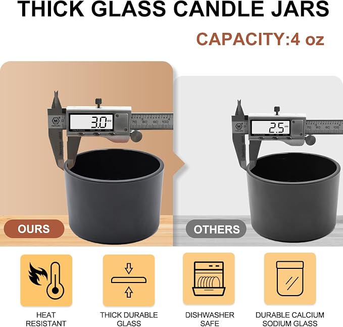 SHOWIN Thick Candle Jars for Making Candles 16 Pcs, 4 OZ Empty Jars with Wood Lids for Candle Making, Sample Container - Dishwasher Safe,Matte Black