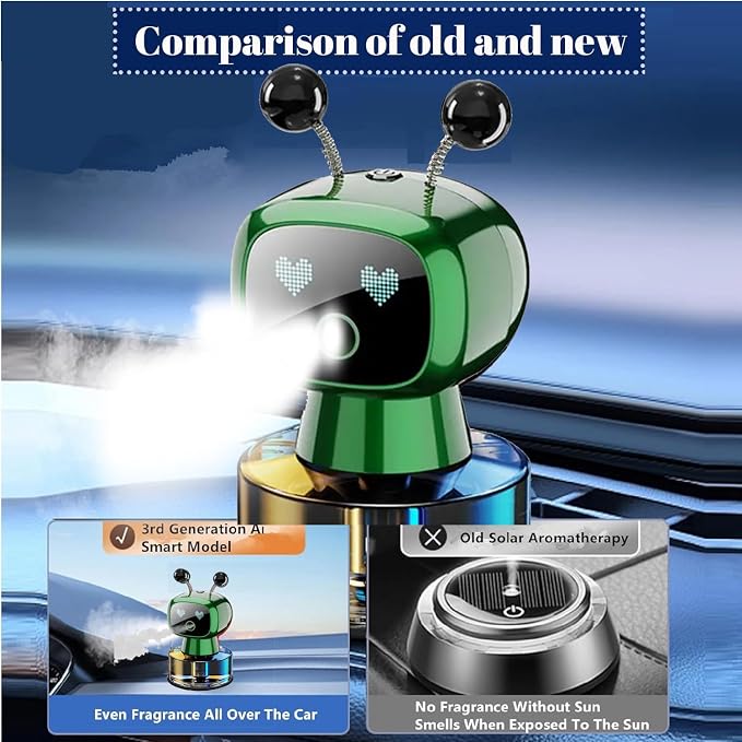 Robot Intelligent Aromatherapy Machine, Smart Cute Robot Car Air Freshener - Fine Spray/Fillable/Four-Gear Adjustment/Vibration Sensing/On-Off/Large Capacity Long-Lasting Fragrance/Green-V2(Gardenia)