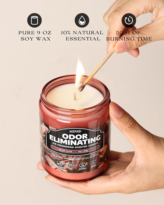 AOOVOO Spiced Clove Odor Eliminating Highly Fragranced Candle - Eliminates 95% of Pet, Smoke, Food, and Other Smells Quickly, Non Toxic Air Freshing Soy Candle, 9 oz Up to 50 Hours Burn time