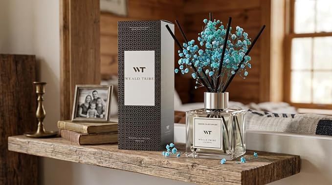 WEALD TRIBE Reed Diffuser Set for Bathroom Air Fresheners with Real Flower, Oil Diffuser Stick | Ocean Mist & Sea Salt Scent 5.1 fl oz Home Fragrance with Sticks Defusers | House Office Shelf Decor