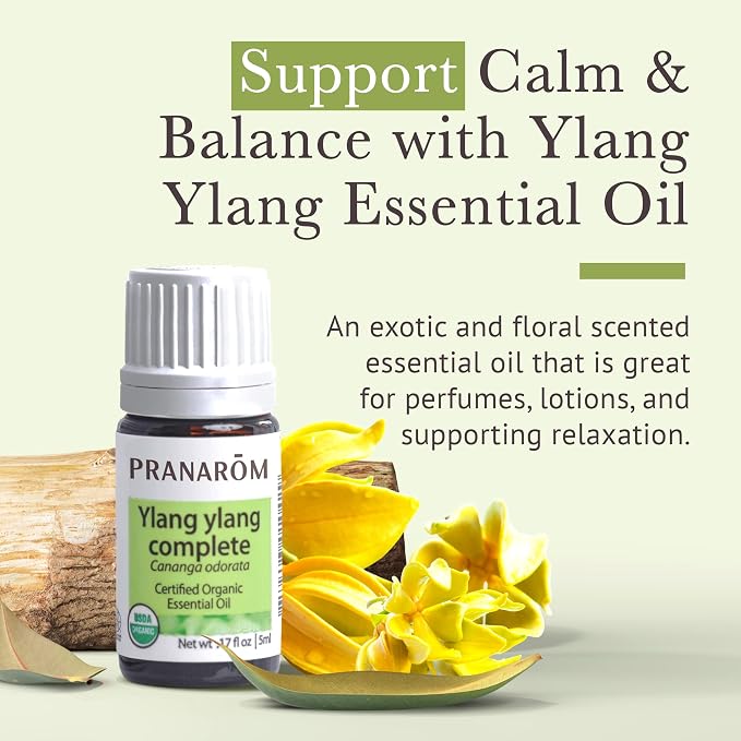 Pranarom USDA Certified Organic Ylang Ylang Essential Oil (5ml), 100% Pure Undiluted Therapeutic Grade from Madagascar for Aromatherapy, Diffuser, Meditation, Massage, Relaxation