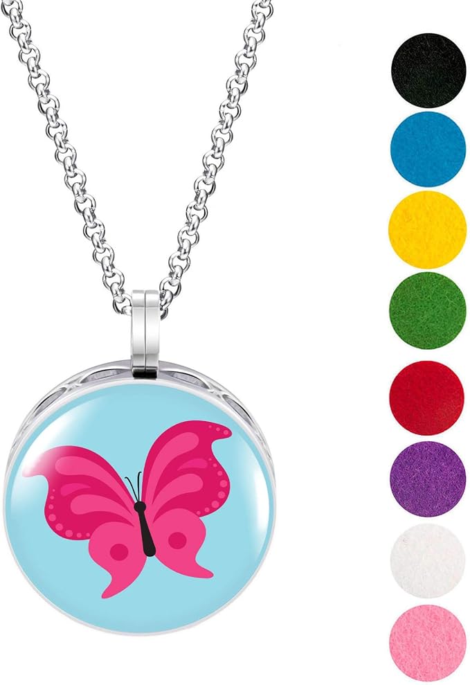 Wild Essentials Pink Butterfly Enamel Finish Essential Oil Diffuser Necklace Gift Set - Includes Aromatherapy Pendant, 24" Stainless Steel Chain, 8 Color Refill Pads
