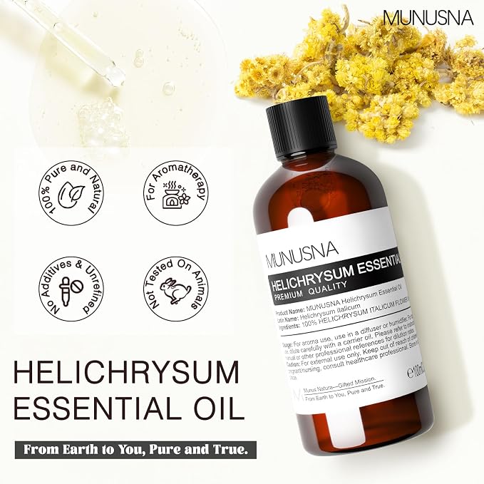 Helichrysum Essential Oil 100ML, 100% Pure Natural Helichrysum Oil Premium Grade Aromatherapy Oil for Hair Face Skin Body Care, Diffuser, Massage, Home, Soap and Candle Making