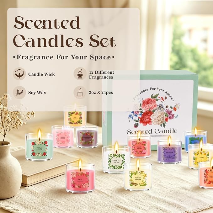 24 Pack Scented Candles Set, 2oz Soy Wax Acrylic Tea Lights with 12 Assorted Fragrances, Long Lasting Aromatherapy Candles for Home Decor, Gift Ready for Christmas Birthday Housewarming