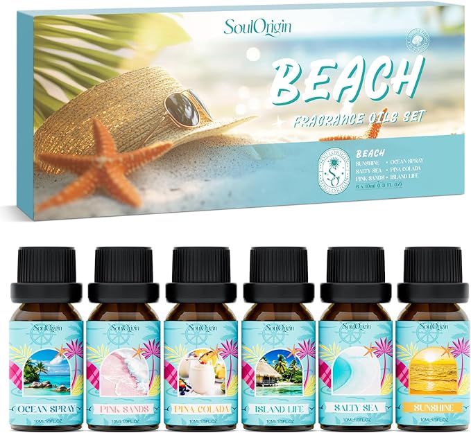Soulorigin Beach Fragrance Oils Set, Essential Oil Gift Set for Diffuser, Summer Scent Diffuser Oil, Diffuser Scents Oil for Home-Ocean Spray, Pink Sands, Salty Sea, Pina Colada, Island Life, Sunshine