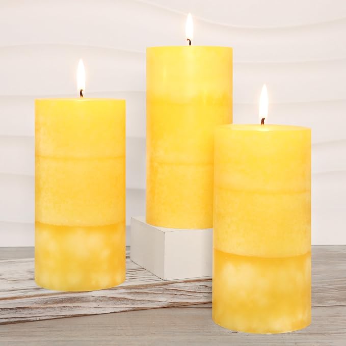 3 x 6 Inches Pillar Candles Lemon Scented Yellow Decorative Rustic Candles Citrus Scent Clean Burning Hand-Poured Large Candles Decorative for Home Aesthetic Relax Spa Bathroom