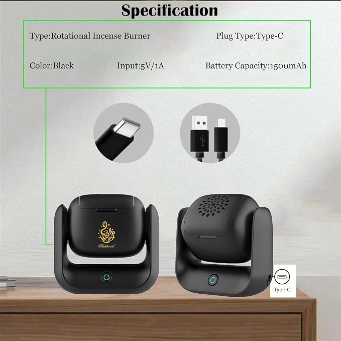 Luxury Electric Bakhoor Burner 2025 Portable USB Type-C Rechargeable Mini Incense Diffuser Arabic bakhoor Muslim Incense Holder for Car and Home,B36 Black