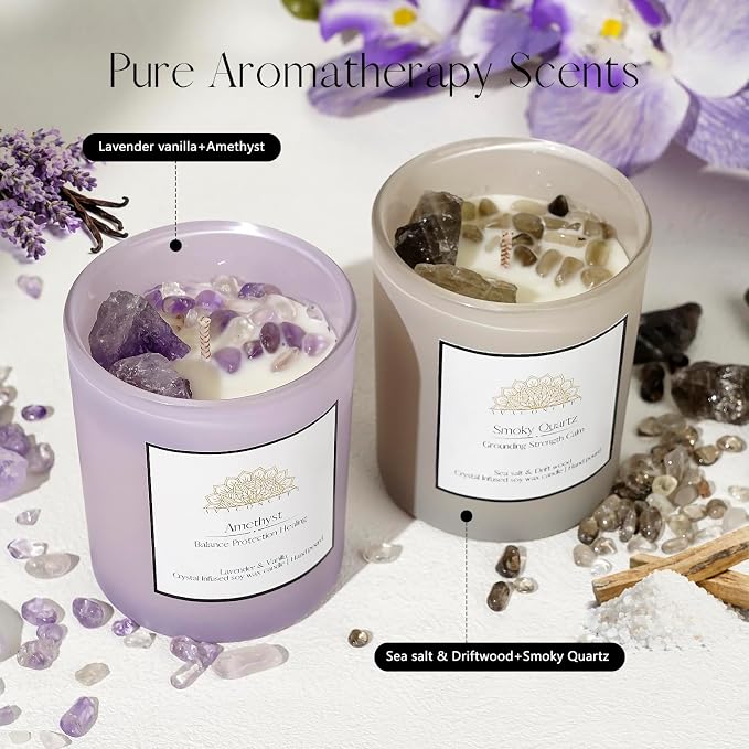 AvaConcept Healing Crystal Candle Gift Set – Amethyst & Smoky Quartz | Hand-Poured Soy Wax Candles Lavender Vanilla & Sea Salt Driftwood Aromatherapy Natural Crystals Infused Set of 2/5.3oz Each
