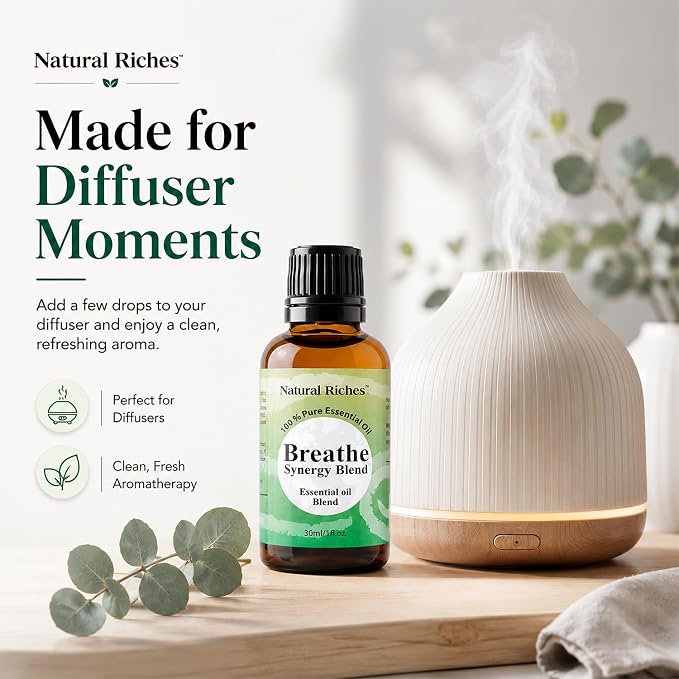 Natural Riches Breathe Essential Oil Blend Breathe Easy with Peppermint Eucalyptus Tea Tree Lemon Cardamom Pine Needle Essential Oils - 2 x 30 ml