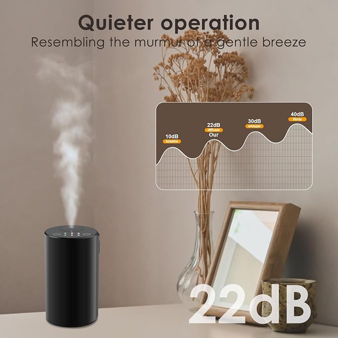 Waterless Diffuser Kit with 4 x 20mL Hotel Fragrance Oil (L-Black) | Aluminum alloy, battery powered, 7-color LED,4 timer and 3-level fog settings