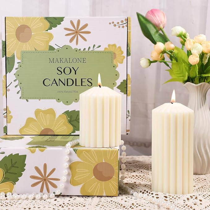 3 Pack Cream White Ribbed Pillar Candles-Natural Soy Wax Unscented,Non-Toxic,Smokeless Large Candle-2.8" x4,6,8 Inch Aesthetic Modern Candles for Home Decor,Dinner Table,Living Room,Housewarming Gift