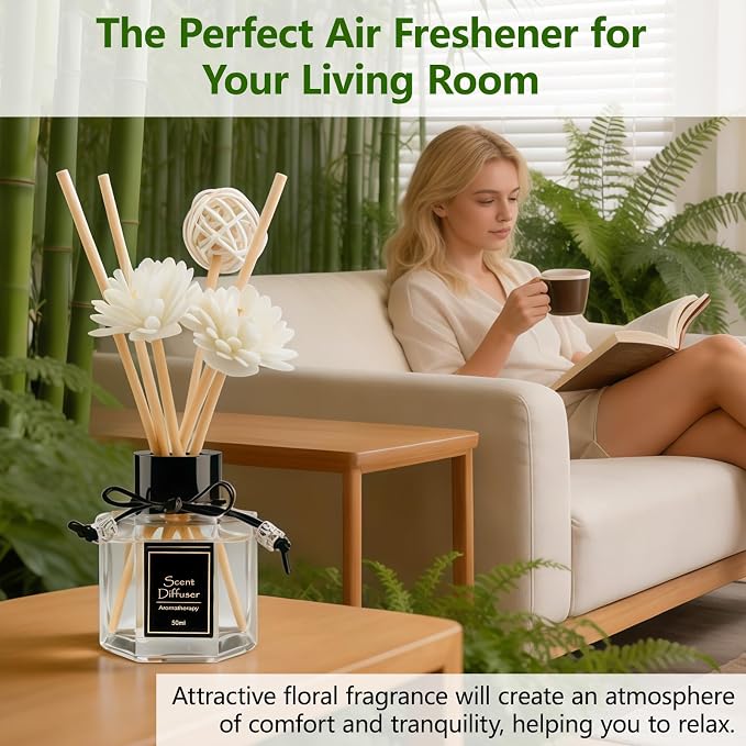 Jasmine Reed Diffuser 1.7 fl oz, Exotic Floral Home Fragrance, Non-Toxic Essential Oil with 6 Scent Sticks, Long-Lasting Natural Air Freshener for Living Room & Bedroom & Gift