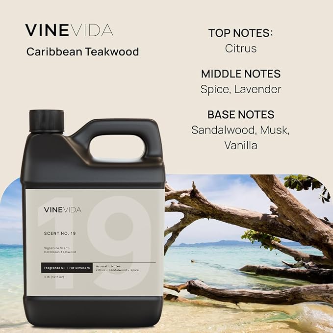 VINEVIDA [32 Fl Oz] Caribbean Teakwood Fragrance Oil for Cold Air Diffusers, Essential Oils for Diffuser Oil Refill & Air Freshener Room Spray