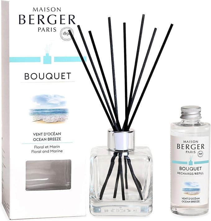 MAISON BERGER Reed Diffuser Bouquet, 100 ml, Ocean Breeze | Clear Glass Bottle, 8 Reed Sticks, 100 ml Refill, Up to 6-Week Passive Diffusion, No Flame, Made in France