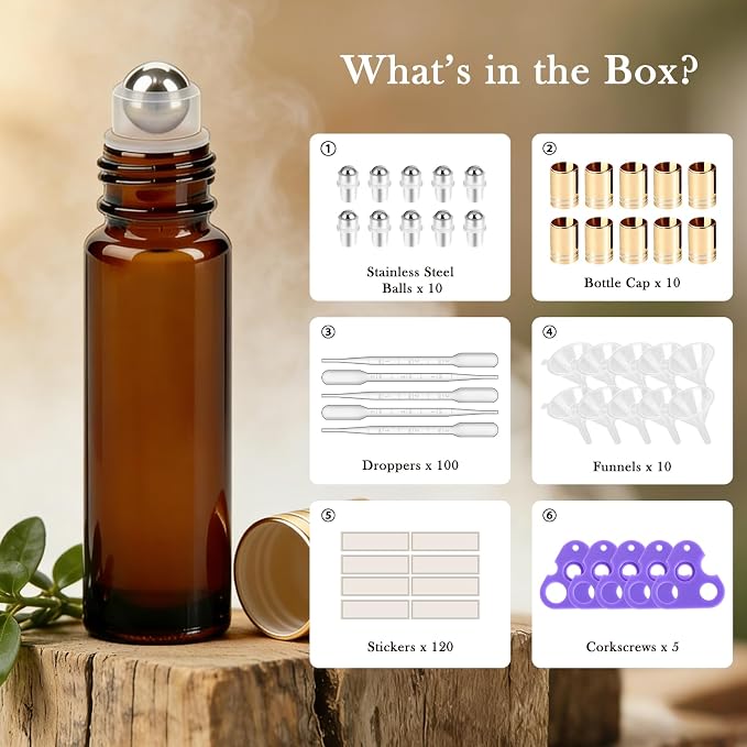 PrettyCare Set of 120, Bulk 10 ml Essential Oil Roller Bottles with Stainless Steel Roller Ball - Refillable Leak-proof Empty Thick Amber Glass Roll on Bottles with Golden Caps for Travel, Perfume
