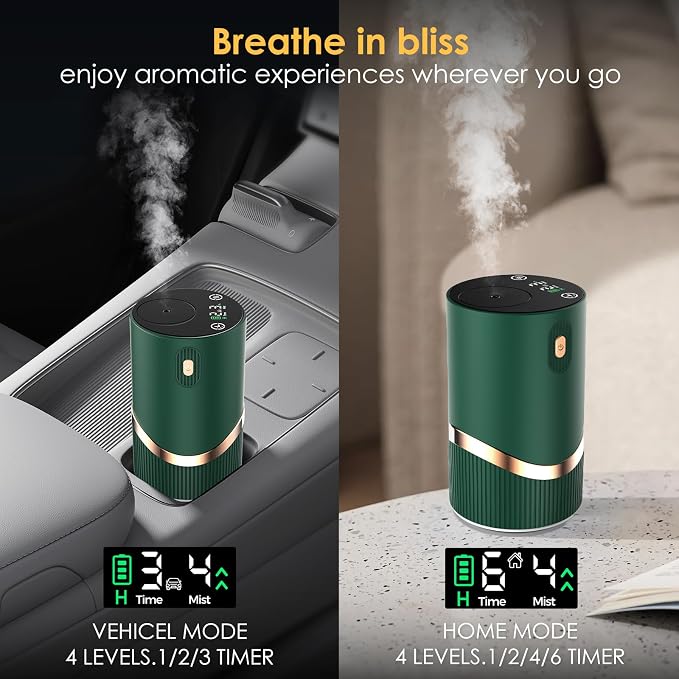 Waterless Essential Oil Diffuser Rechargable: Portable Aromatherapy Diffuser for Car and Home - 1/2/4/6H/Time Off 4 Mist Level for Room Office Bedroom (Green)