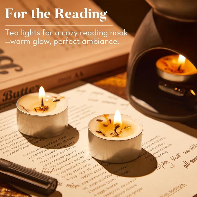 8 Pack Lavender Tealight Candles with Real Dried Petals, Natural Soy Wax, 6-Hour Burn Time for Home, Wedding & Bath Decor