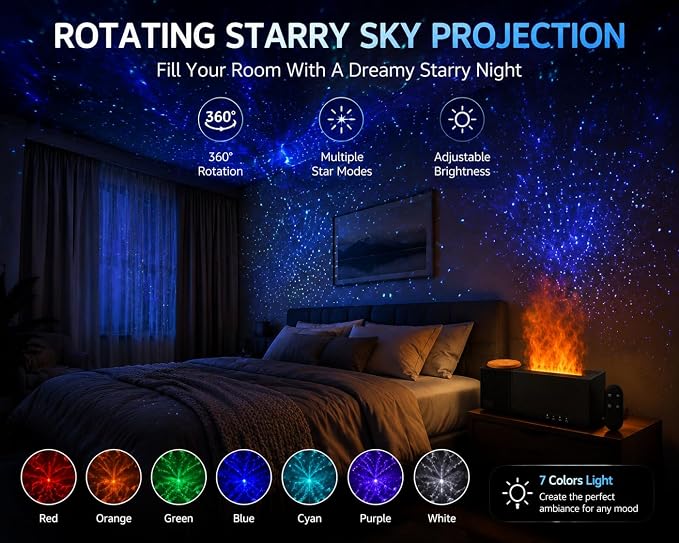 Starry Sky Aroma Diffuser with Flame Effect, 150ml Ultrasonic Essential Oil Humidifier, 7 Colors LED, Remote Control, Timer, Ultra-Quiet for Bedroom, Office, Home Relaxation(Black)