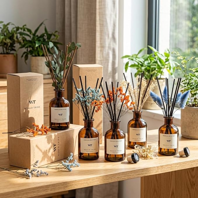 WEALD TRIBE Reed Diffuser Set for Bathroom Air Fresheners, Oil Diffuser Sticks | White Jasmine Scent 4.0 fl oz Home Fragrance with Sticks Defusers | House Bedroom Office Shelf Decor