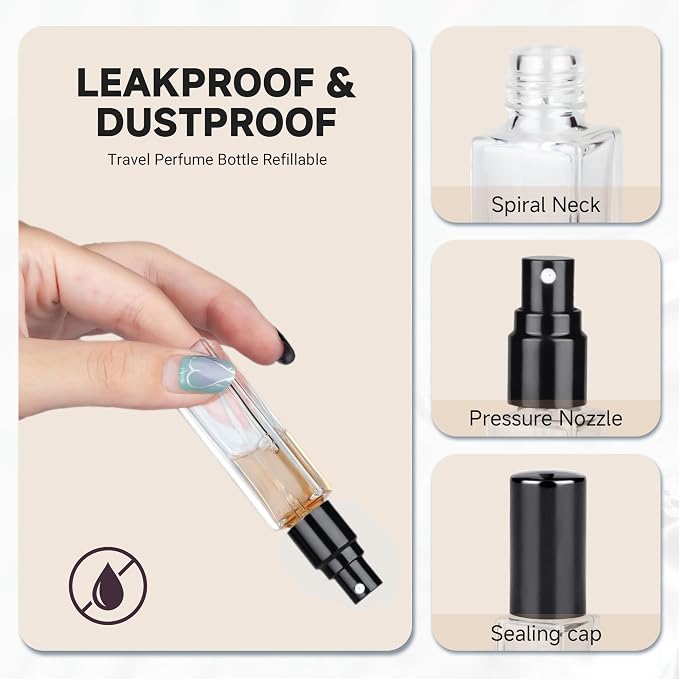 Perfume Travel Refillable Atomizer, 5 Pack 10ml Leak Proof Refillable Perfume Bottle for Air Travel, Purse and Business Trips, Glass Atomizer Sprayer for Cologne with Funnel & Pipette