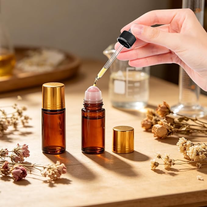 2 Pack 1.7oz Large Amber Glass Roll on Bottles for Essential Oils, Refillable Roller Ball Applicator with Rose Quartz Roller Ball, Perfume Deodorant Containers, Leak-Proof for Aromatherapy & Skincare