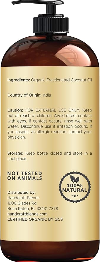 Handcraft Blends Organic Fractionated Coconut Oil | 100% Pure and Natural | Bath & Body Oil | Premium Grade Carrier Oil | Skin | Hair | Body | Massage | Hexane-Free | 16 Fl Oz