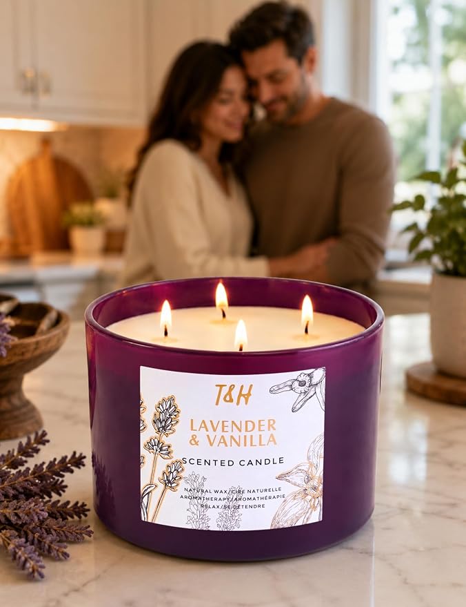Lavender Vanilla Candle | 4 Wick Extra Large Scented Soy Candles 20 oz | Highly Scented Aromatherapy Lavender Candle for Women | Relaxing Stress Relief Home Scent | Long Lasting Clean Burn