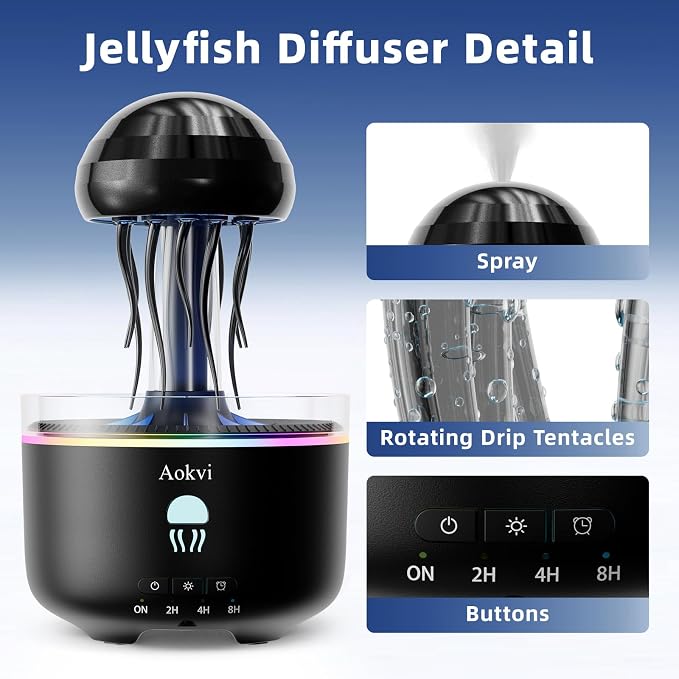 300ML Jellyfish Essential Oil Diffuser, Quiet Aromatherapy Mist Diffusers for Essential Oils, with 7 LED Color Changing Light and Auto-Off Switch, Suitable and Families Humidifiers for Bedroom（Black）