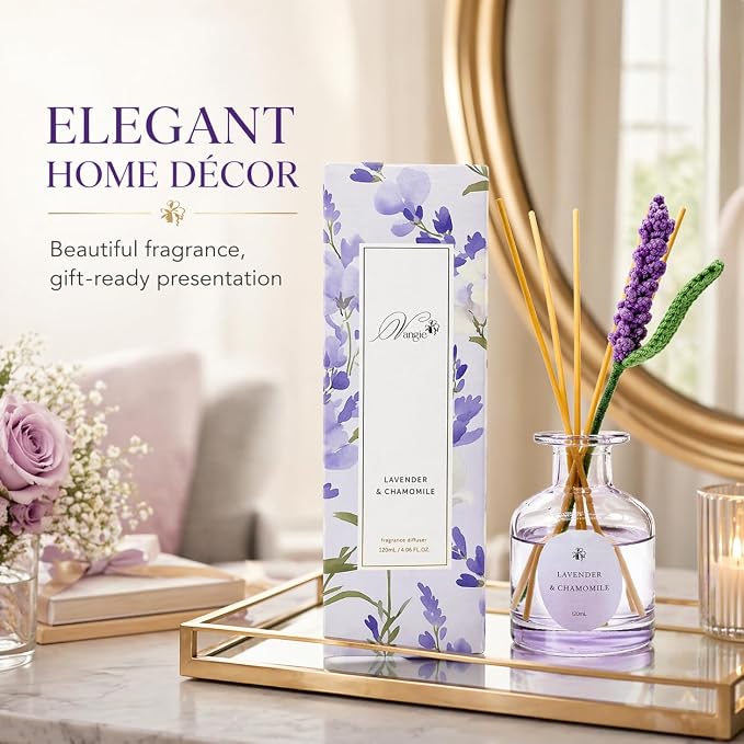 Vangie Lavender & Chamomile Reed Diffuser Set – Decorative Glass Bottle with Handmade Flower Diffuser, Long-Lasting Home Fragrance, Vegan & Cruelty-Free