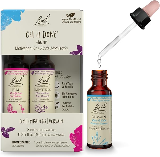 Bach Original Flower Remedies - GET IT DONE Trio Kit - For Motivation (Non-Alcohol Formula) - Natural Homeopathic Flower Essence - Vegan - 3 x 10mL Droppers