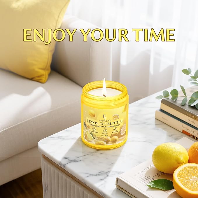 Lemon Eucalyptus Scented Candle, Natural Soy Wax Jar Candle for Home Scented, 100-Hour Burn Time Gifts for Women Men, 7 oz (2 Pack)