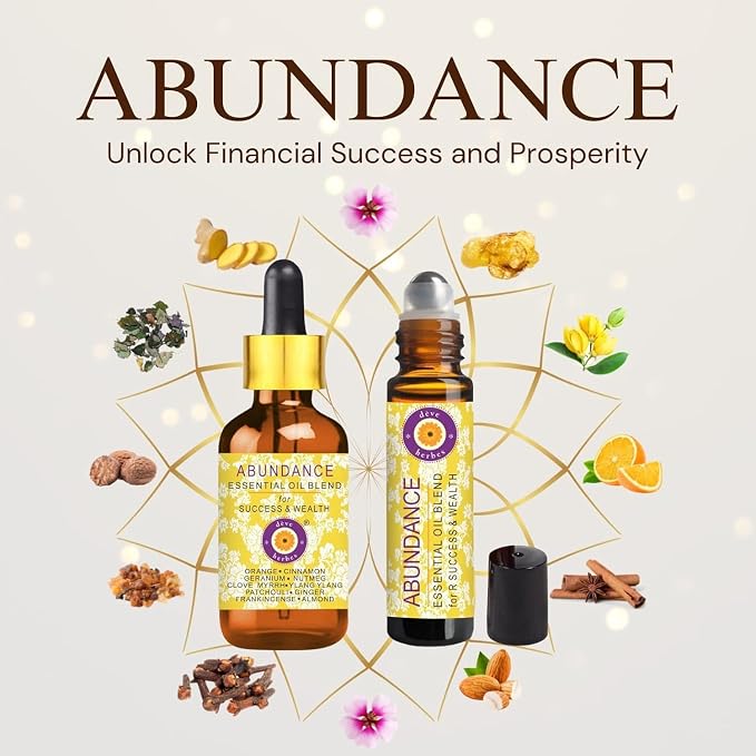 déve herbes Abundance - Essential Oil Blend for Success & Wealth with Orange, Cinnamon, Geranium, Nutmeg, Clove, Myrrh, Ylang Ylang, Patchouli, Ginger, Frankincense Essential Oils 10ml & 5ml