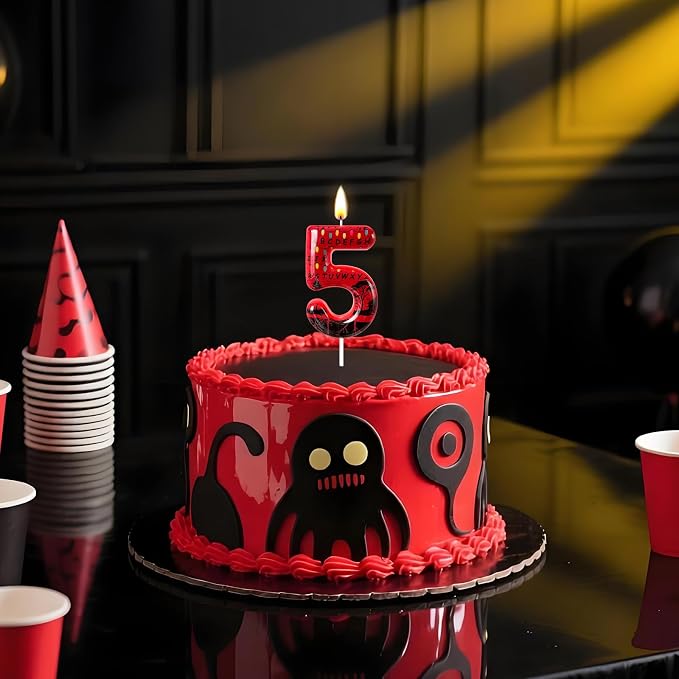 Red Number 5 Birthday Candle for Cake – Dark Horror Style with Alphabet Print & Shadow Design – Unique Cake Topper for Birthday, Anniversary, Themed Party Decoration